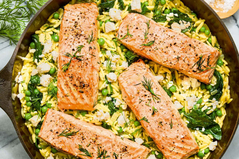 An RD’s Go-To Lemony Salmon Orzo Recipe That Has 34 Grams Of Protein